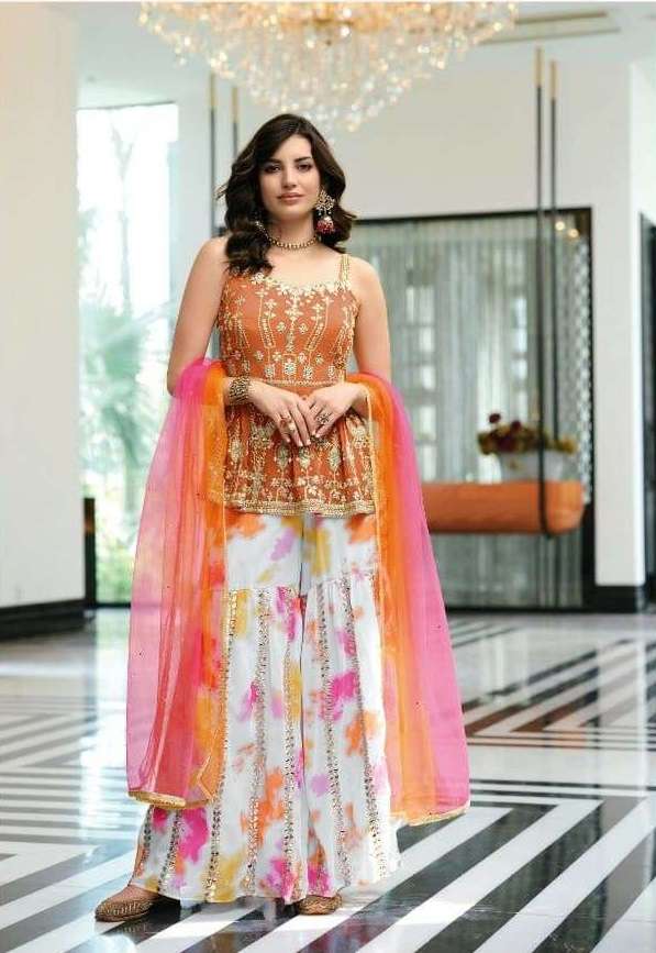 FLORAL COLOURS EDITION BY ZAVERI GEORGETTE STITCHED SHARARA DRESSES