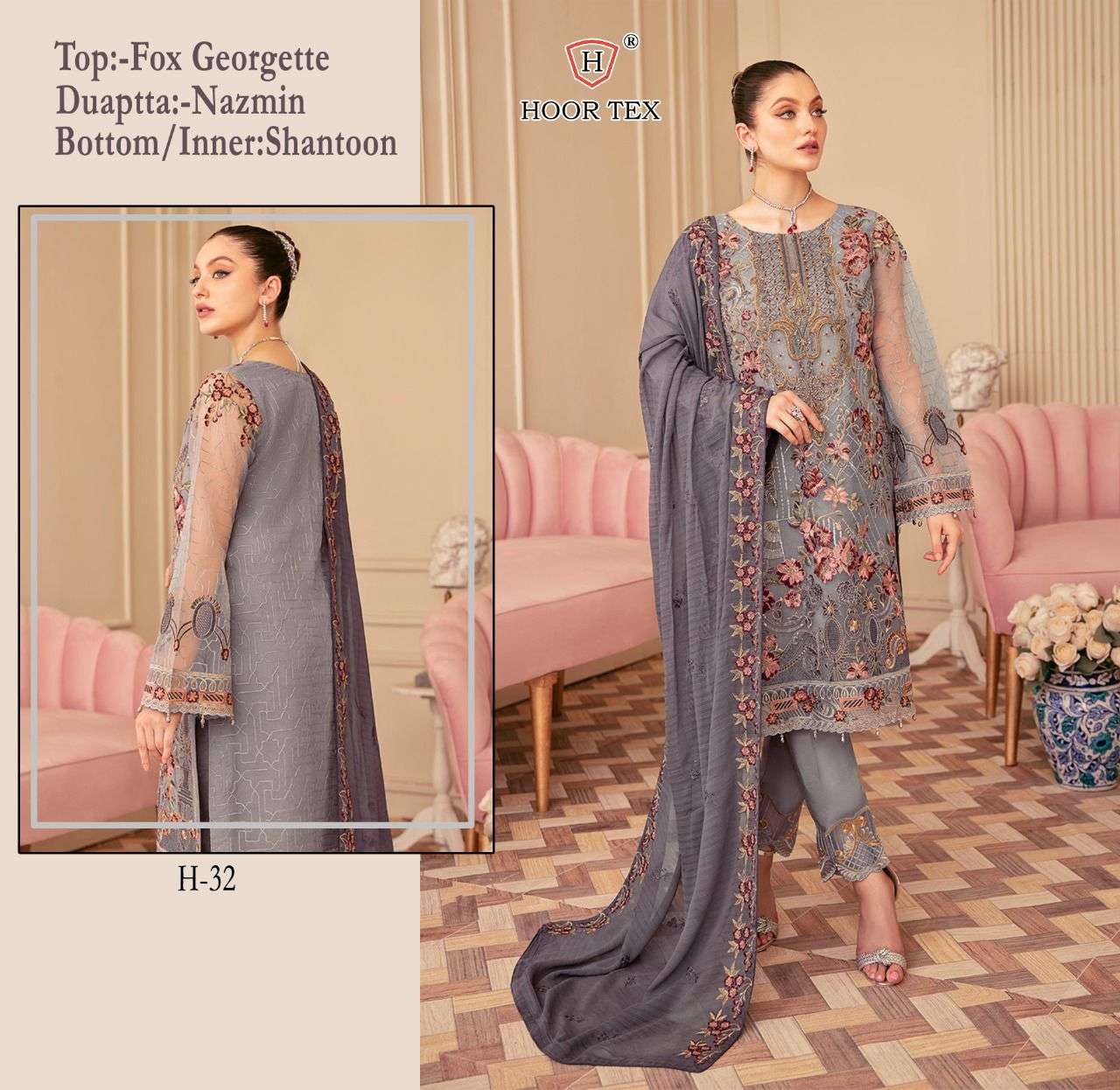 H-32 HIT DESIGN BY HOOR TEX FAUX GEORGETTE EMBROIDERED PAKISTANI DRESS