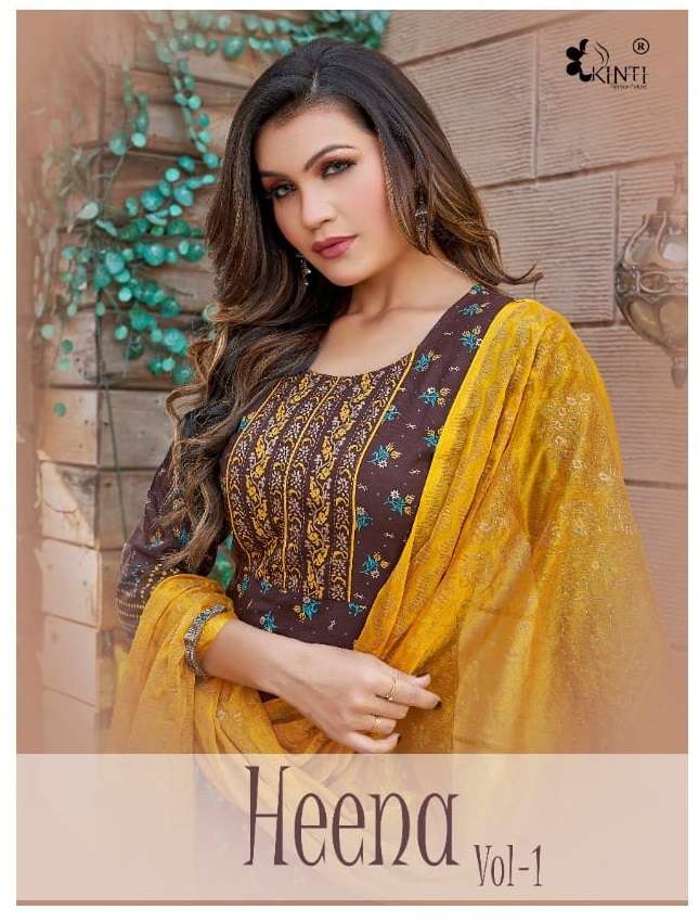 HEENA VOL-1 BY KINTI 1001 TO 1008 SERIES RAYON PRINT KURTI & DUPATTA