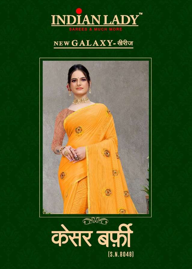 KESAR BARFI BY INDIAN LADY 8048-A TO 8048-H SERIES ZOMATO EMBROIDERY WORK SAREES