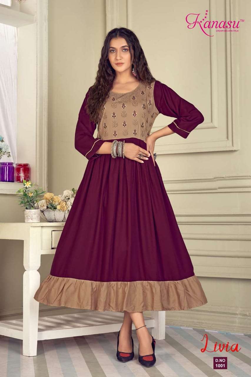 LIVIA BY KANASU 1001 TO 1008 SERIES RAYON EMBROIDERY KURTIS