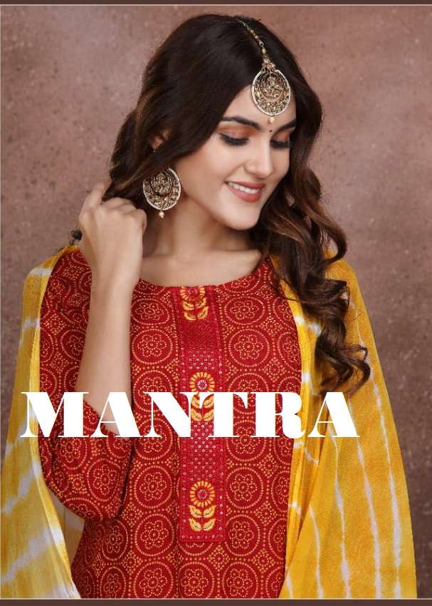 MANTRA BY MANJEERA 101 TO 108 SERIES RAYON BANDHANI STITCHED DRESSES