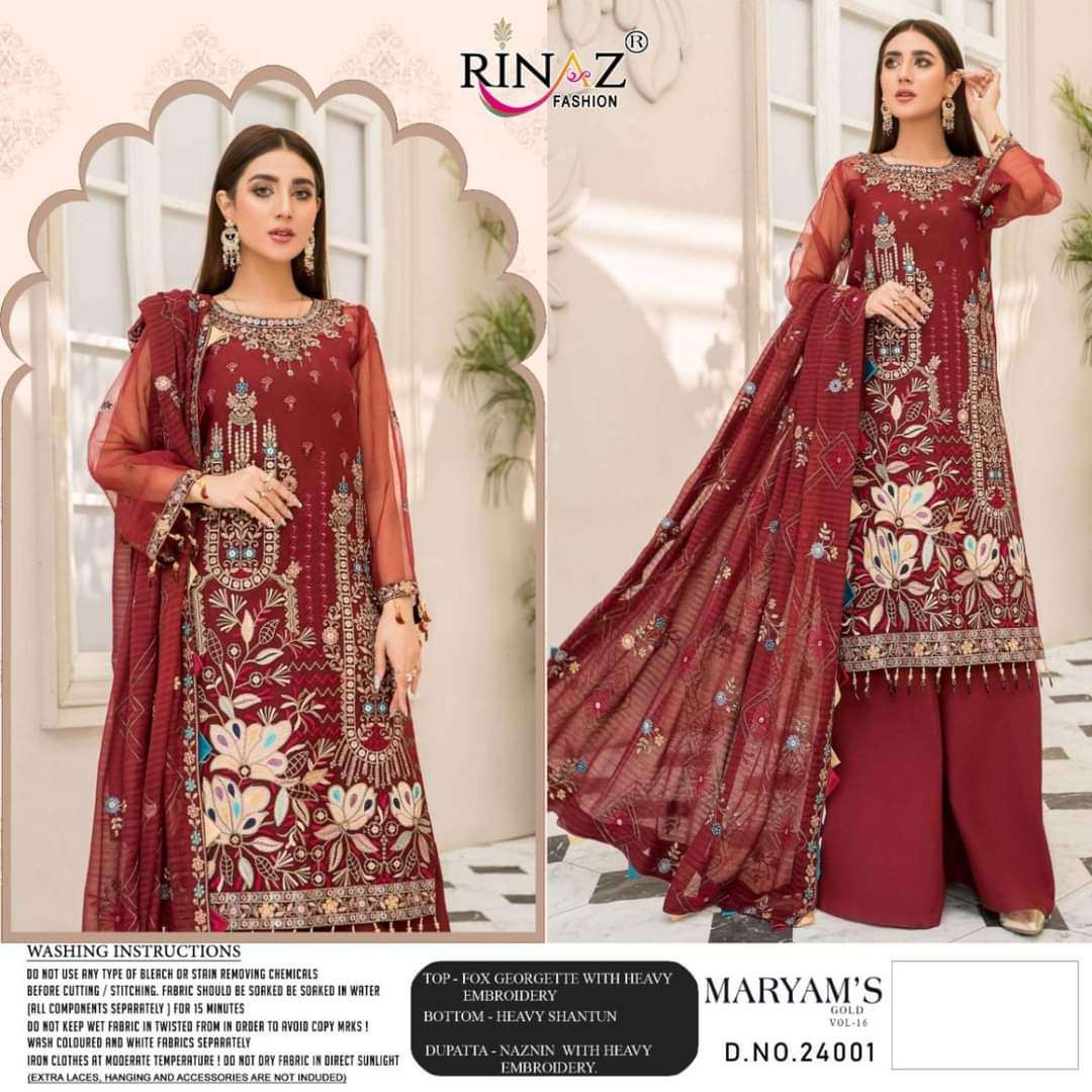 MARYAMS GOLD VOL-16 BY RINAZ 24001 TO 24002 SERIES FAUX GEORGETTE PAKISTANI DRESSES