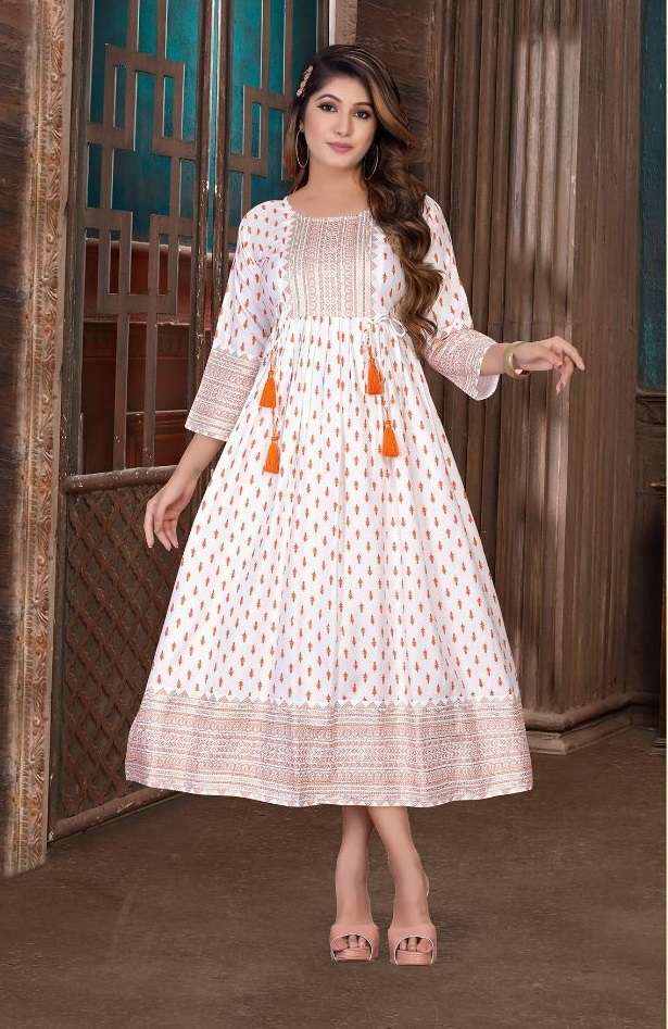 MILKY BAR BY ASLIWHOLESALE 6011 TO 6018 SERIES RAYON PRINT KURTIS