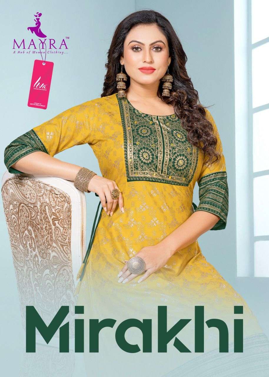 MIRAKHI BY MAYRA 80027 TO 80034 SERIES RAYON GOLD PRINT KURTIS