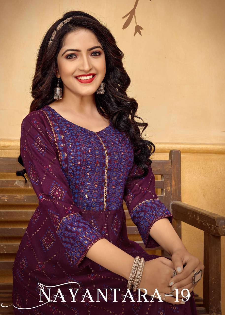 NAYANTARA VOL-19 BY BANWERY 1001 TO 1004 SERIES RAYON PRINT KURTIS