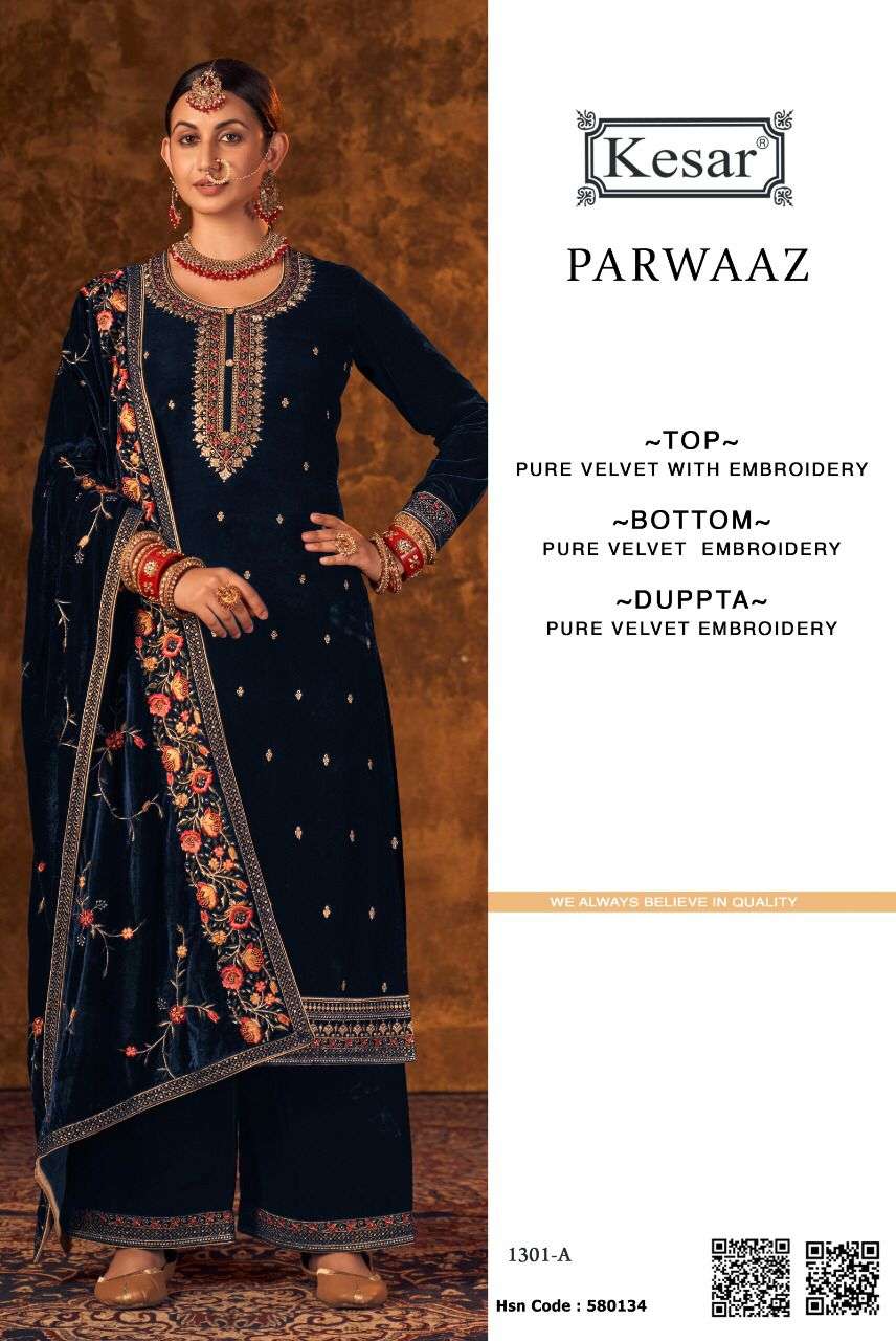 PARWAAZ BY KESAR 1301-A TO 1301-C SERIES VELVET EMBROIDERY DRESSES