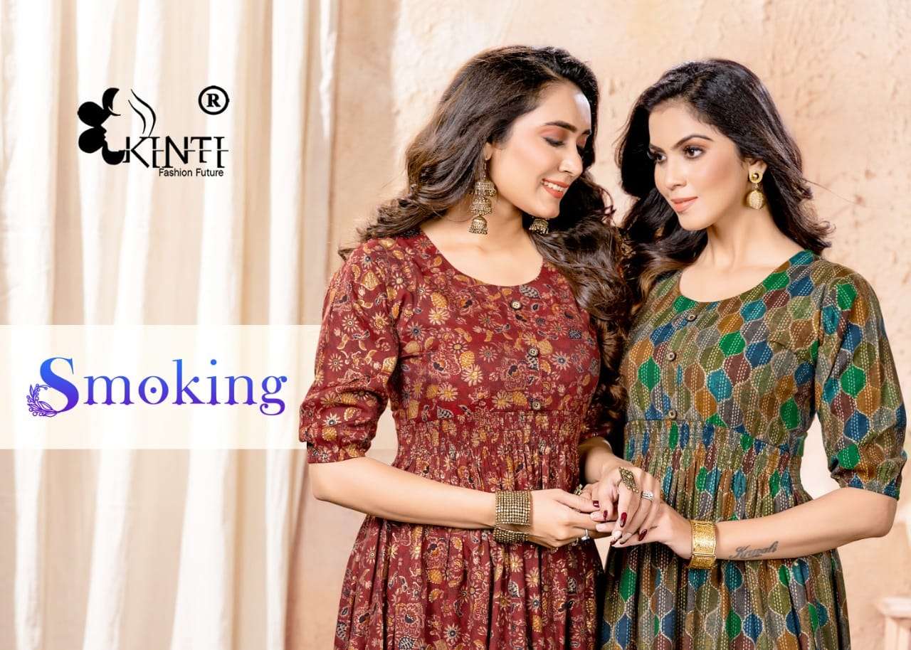 SMOKING BY KINTI 101 TO 108 SERIES RAYON PRINT KURTIS