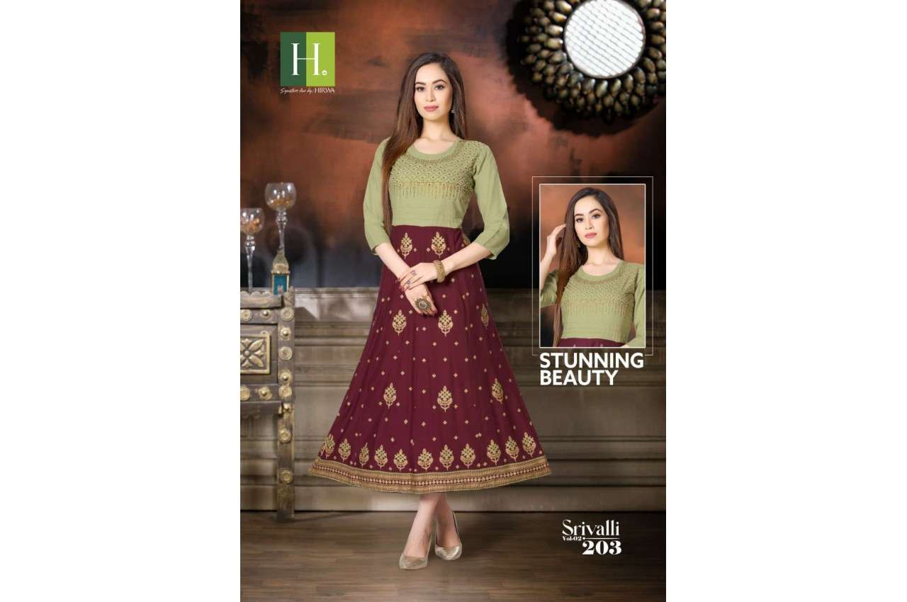 SRIVALLI VOL-2 BY H DOT 201 TO 208 SERIES RAYON EMBROIDERY KURTIS