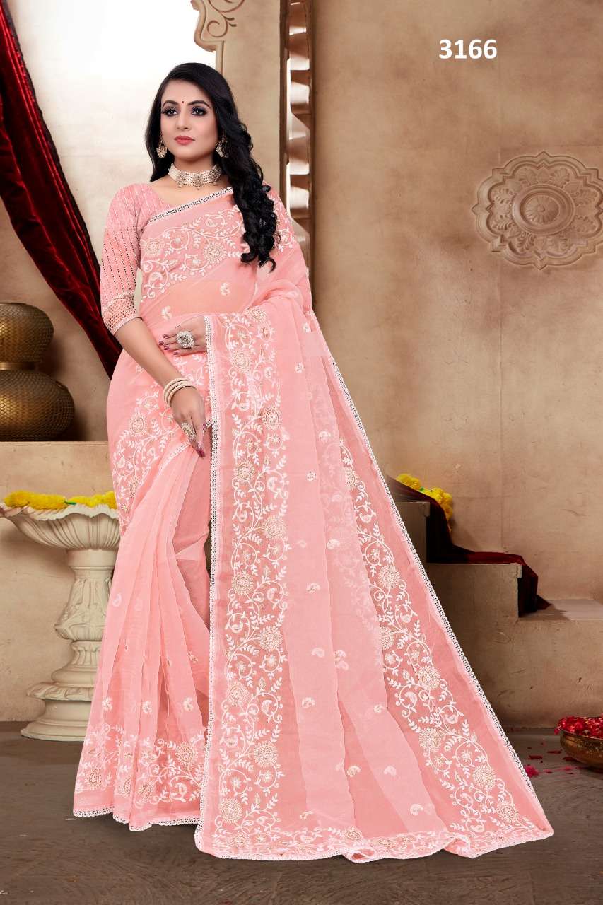 ST-3166 BY ASLIWHOLESALE DESIGNER SOFT ORGANZA EMBROIDERY SAREES