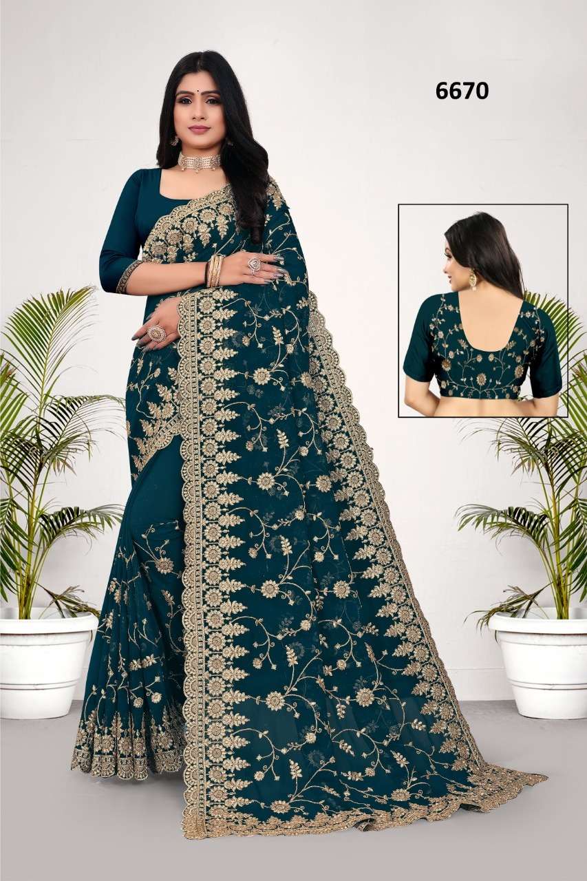 STR-6670 COLOURS BY ASLIWHOLESALE GEORGETTE EMBROIDERY SAREES