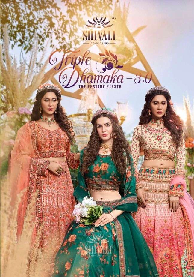 TRIPLE DHAMAKA VOL-3 BY SHIVALI 1001 TO 1003 SERIES CREPE SATIN WORK DRESSES