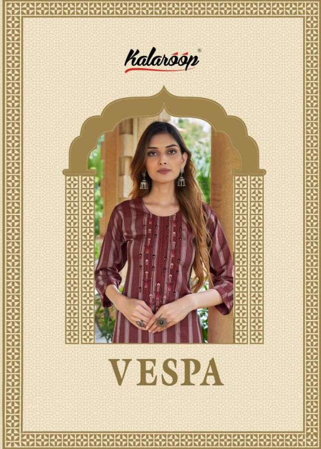 VESPA BY KALAROOP 13492 TO 13495 SERIES FANCY RAYON EMBROIDERY KURTIS