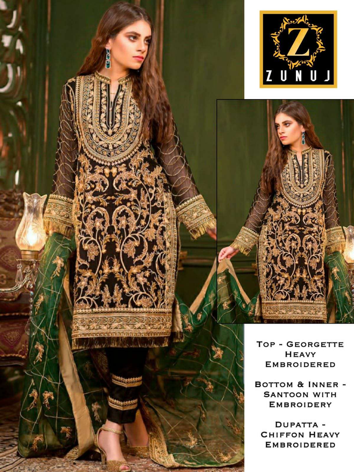 ZUNUJ GREEN BY ZUNUJ DESIGNS GEORGETTE EMBROIDERY DRESS