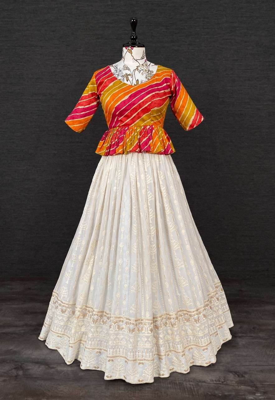 1317WHT BY ASLIWHOLESALE GEORGETTE WORK STITCHED LEHENGA