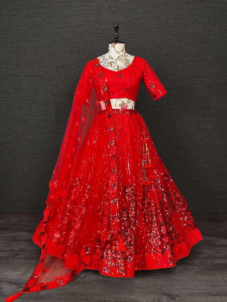 1725RED BY ASLIWHOLESALE NET HEAVY SEQUENCE WORK LEHENGAS