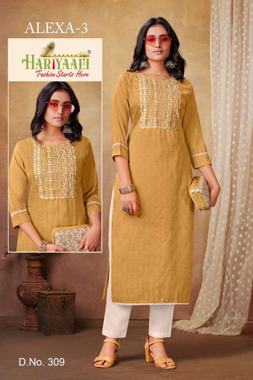 ALEXA VOL-3 BY HARIYAALI 306 TO 313 SERIES VISCOSE SILK WORK KURTIS