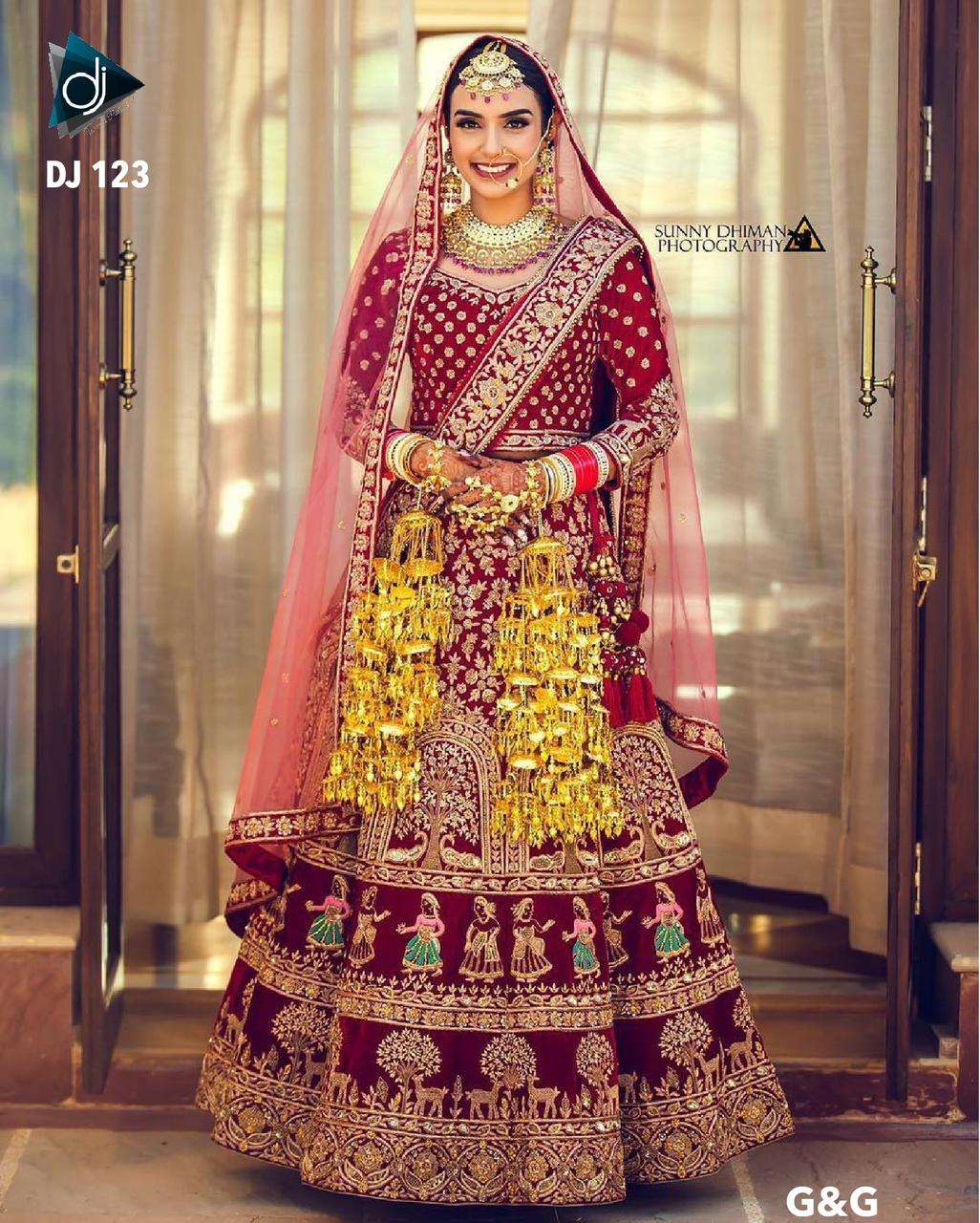 DJ-123 HIT DESIGN BY ASLIWHOLESALE VELVET MULTIWORK BRIDAL LEHENGA