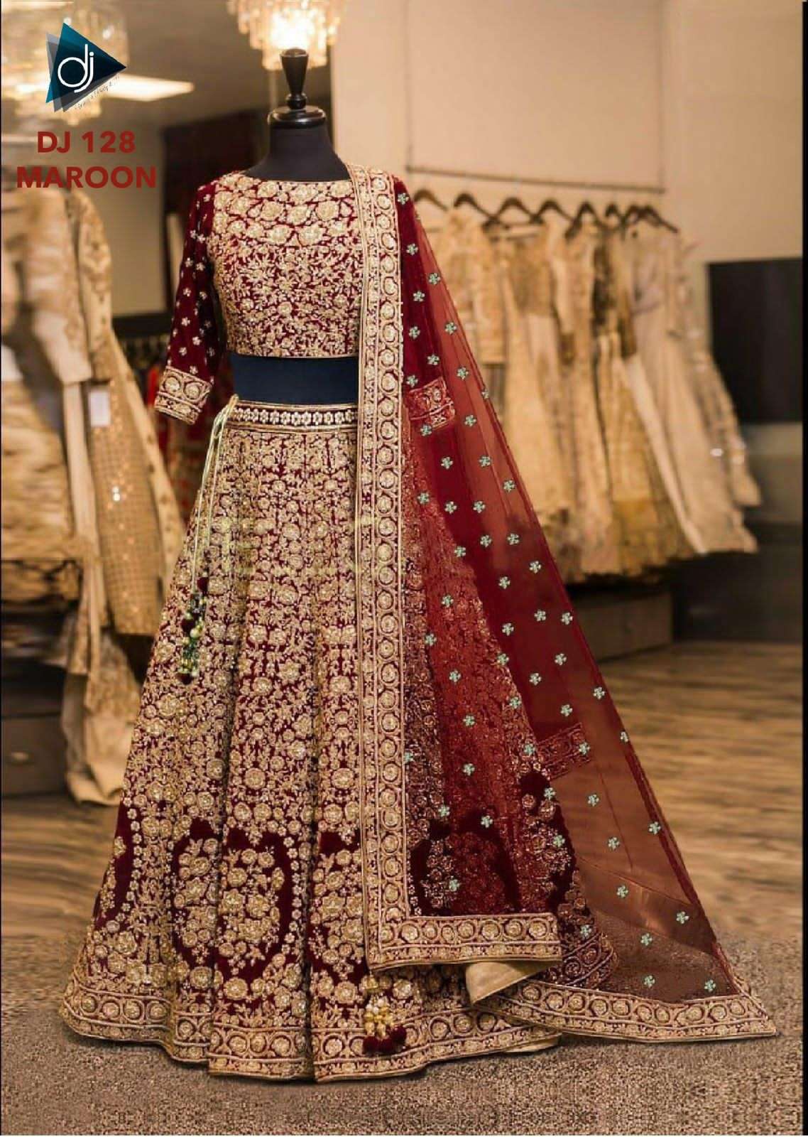 DJ-128 COLOURS BY ASLIWHOLESALE VELVET COADING WORK BRIDAL LEHENGAS