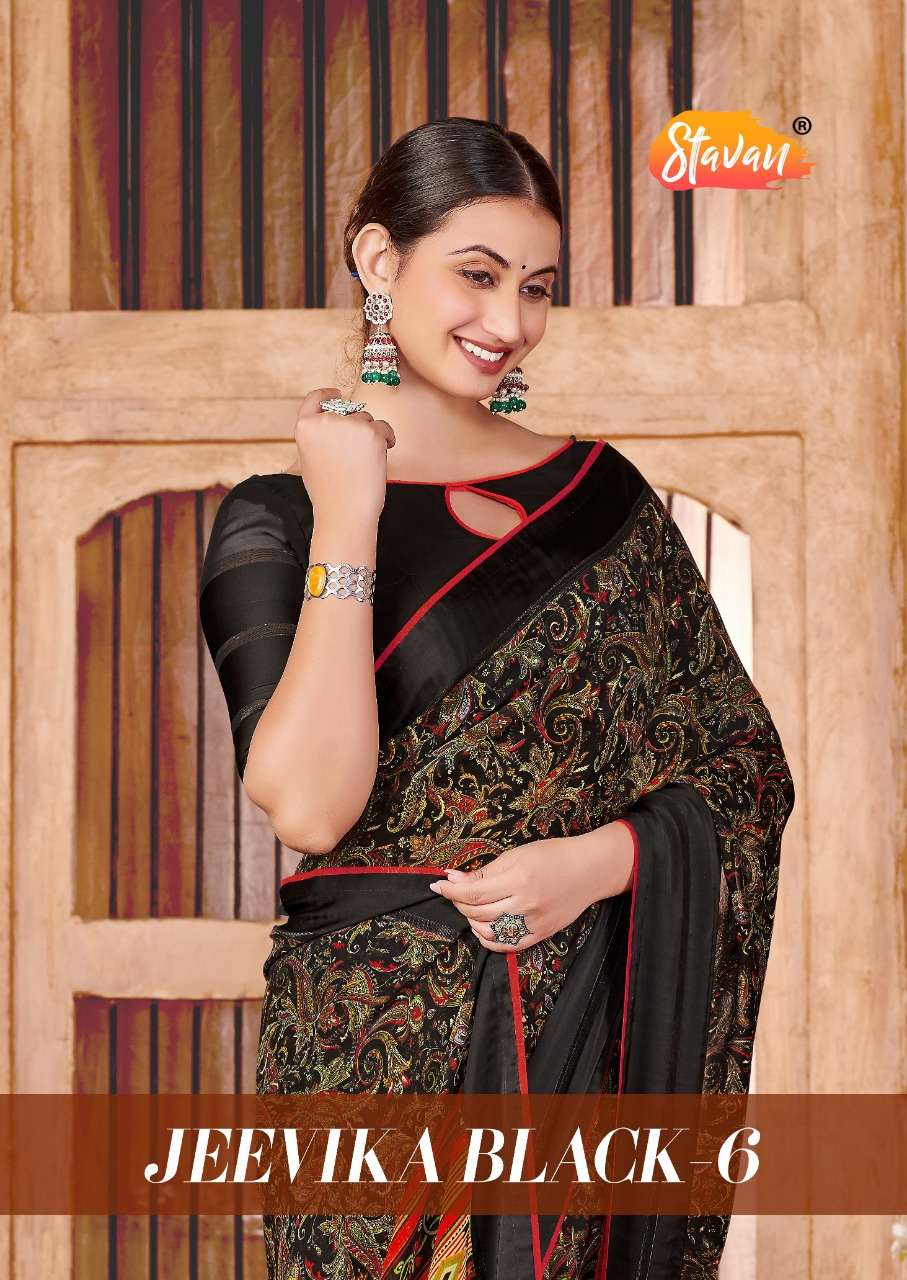 JEEVIKA BLACK VOL-6 BY STAVAN 56 TO 60 SERIES WEIGHTLESS SARTIN SAREES