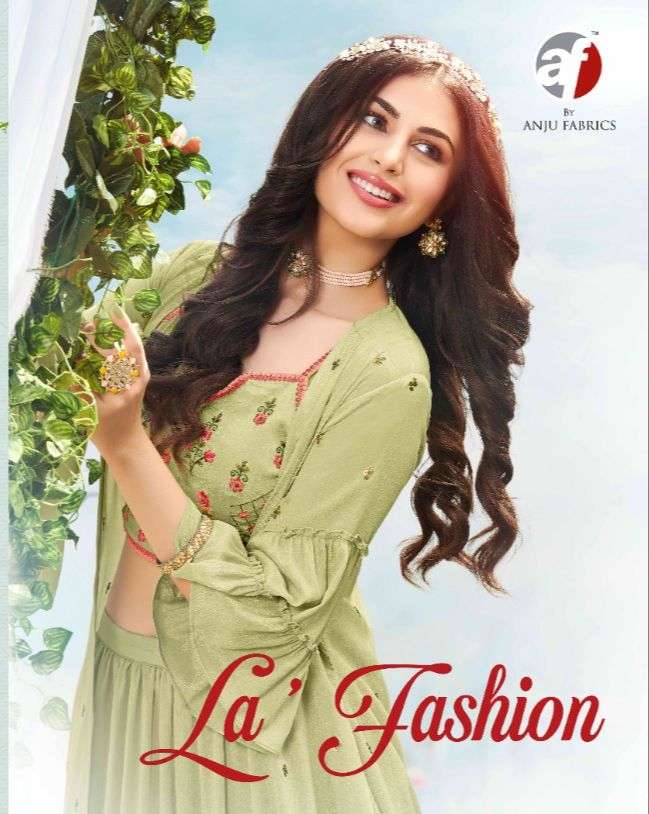 LA FASHION BY ANJU FABRICS 8021 TO 8024 SERIES CHINON STITCHED TOP SKIRT & SHRUG