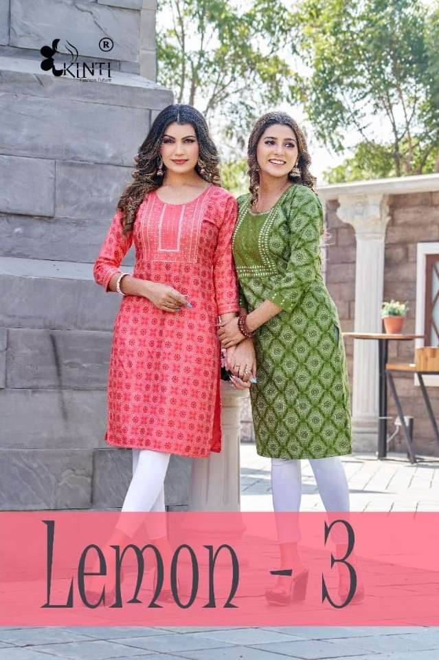 LEMON VOL-3 BY KINTI 1001 TO 1008 SERIES RAYON EMBROIDERY SEQUENCE KURTIS