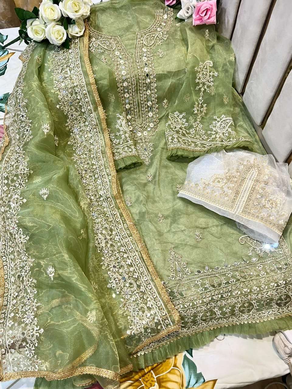 LIGHT GREEN BY MEHBOOB TEX ORGANZA EMBROIDERY PAKISTANI DRESS