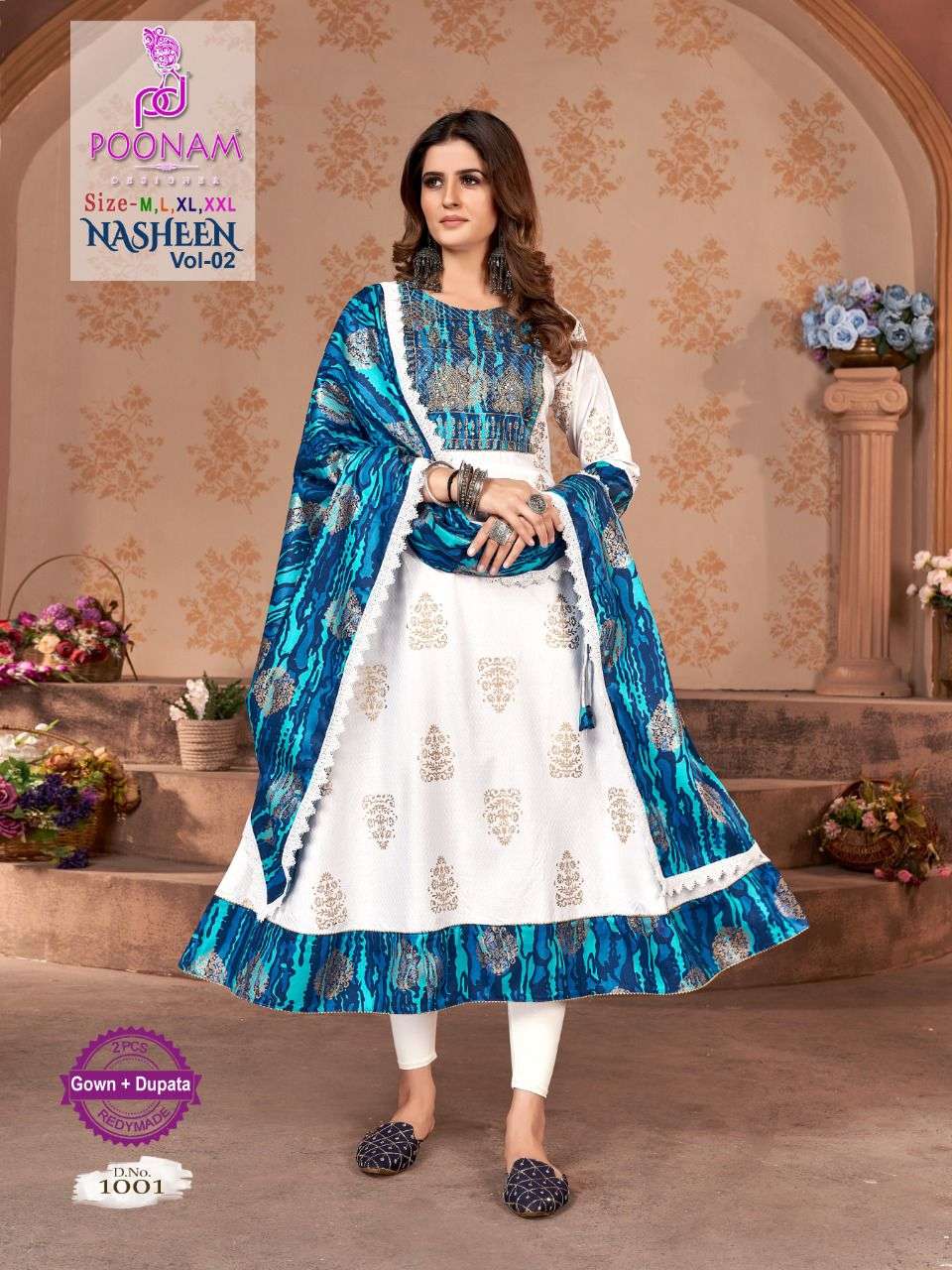 NASHEEN VOL-2 BY POONAM DESIGNER 1001 TO 1004 SERIES RAYON WORK GOWN & DUPATTA