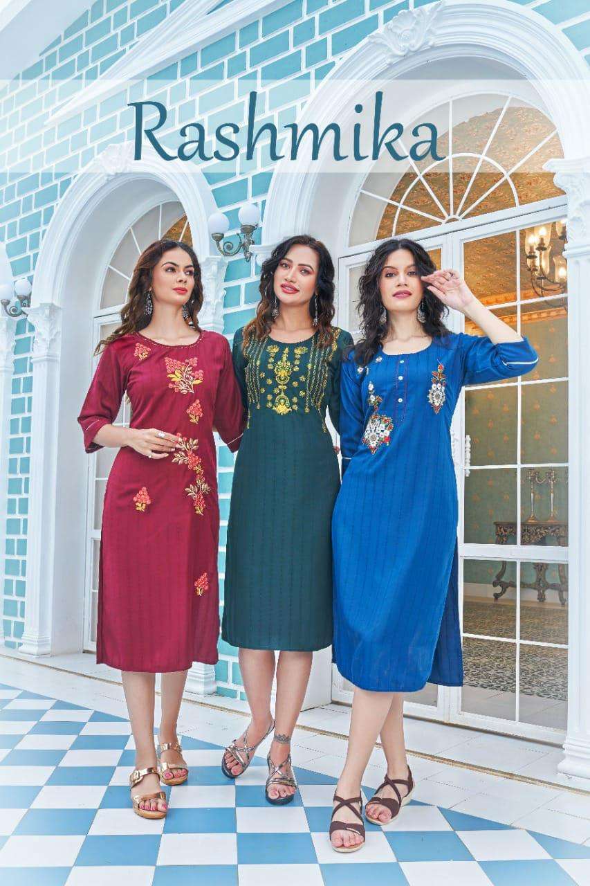 RASHMIKA BY ASLIWHOLESALE VISCOSE RAYON WORK KURTIS