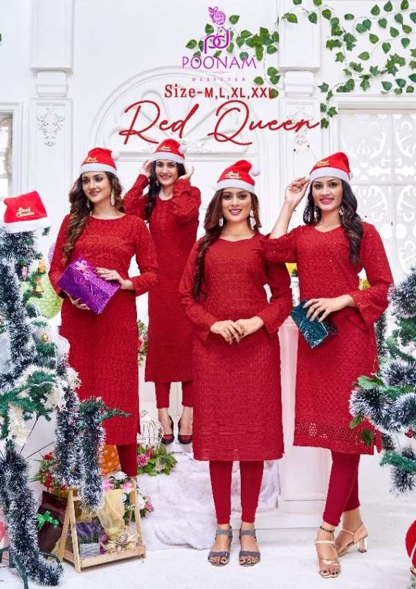 RED QUEEN BY POONAM DESIGNER RAYON CHIKEN WORK KURTIS