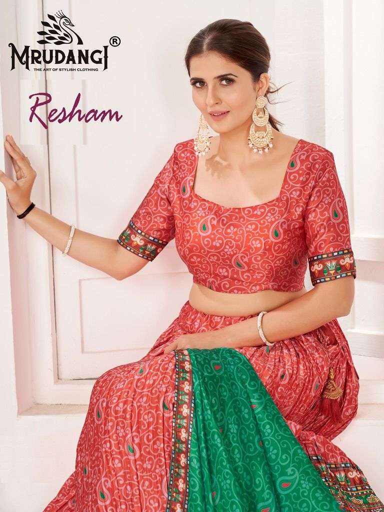 RESHAM BY MRUDANGI 1030 TO 1033 SERIES SOFT SATIN PRINT LEHENGAS