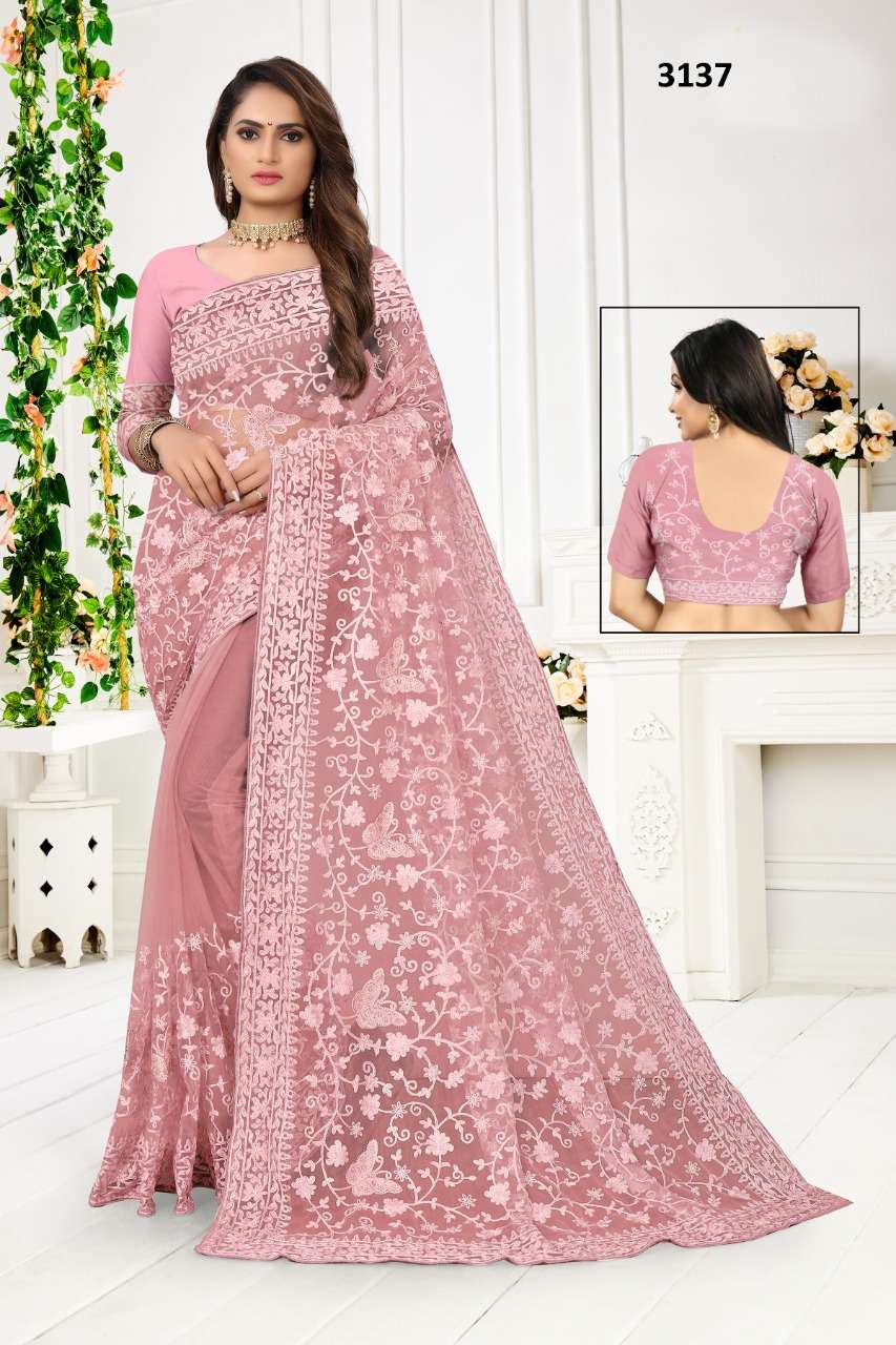 STR-3137 COLOURS BY ASLIWHOLESALE SOFT NET EMBROIDERY SAREES