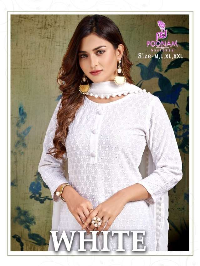 WHITE BY POONAM DESIGNER 1001 TO 1006 SERIES RAYON CHIKEN STITCHED DRESSES