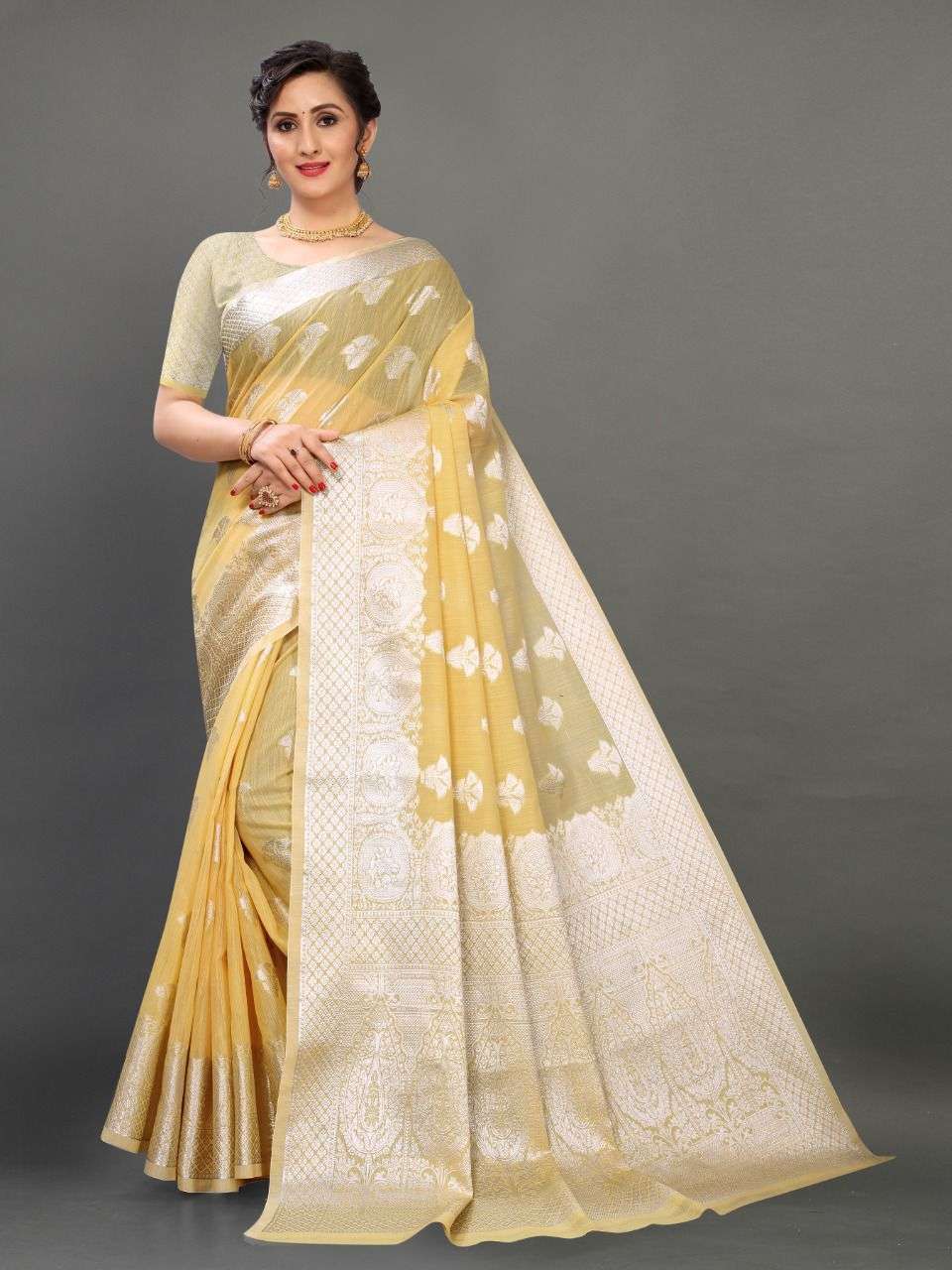 YELLOW SILK BY ASLIWHOLESALE SOFT LINEN ZARI WORK SAREES