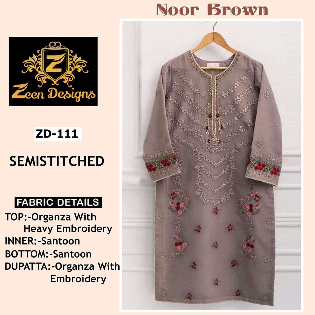 ZEEN NOOR BROWN BY ASLIWHOLESALE ORGANZA EMBROIDERY DRESS