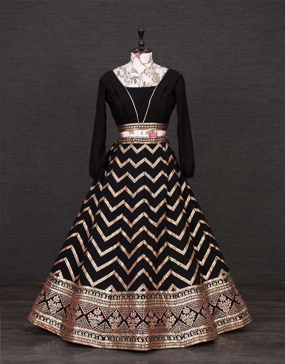 1404BLK BY ASLIWHOLESALE GEORGETTE EMBROIDERY SEQUENCE LEHENGA