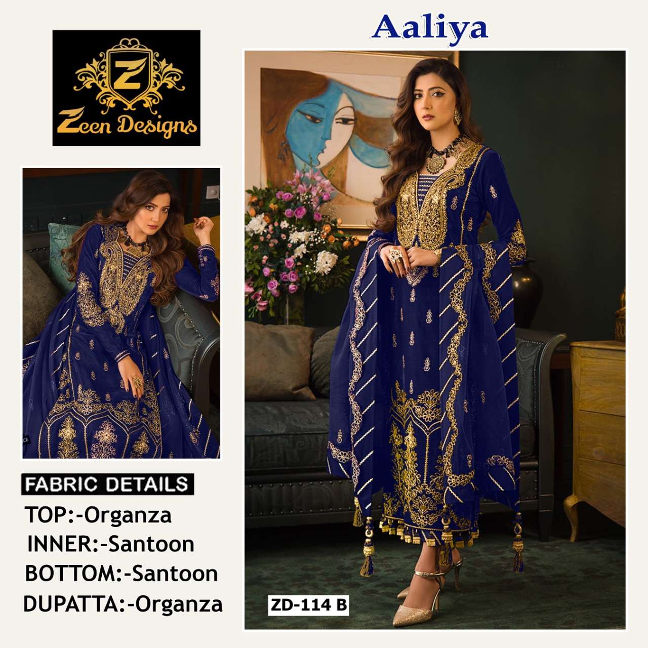 AALIYA ZD-114 B BY ZEEN DESIGNS ORGANZA EMBROIDERY PAKISTANI DRESS