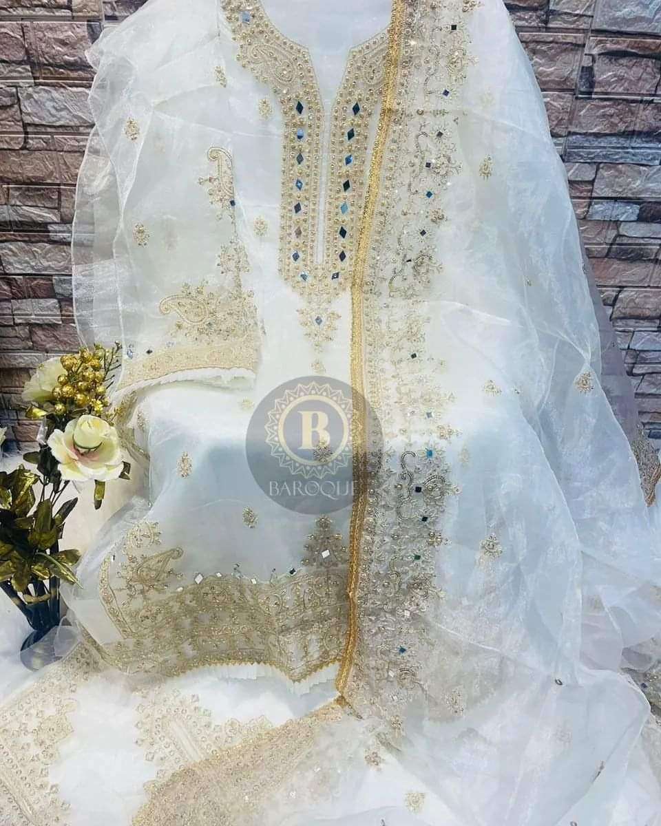 BAROQUE SADABAHAR WHITE BY ASLIWHOLESALE ORGANZA MIRROR WORK DRESS