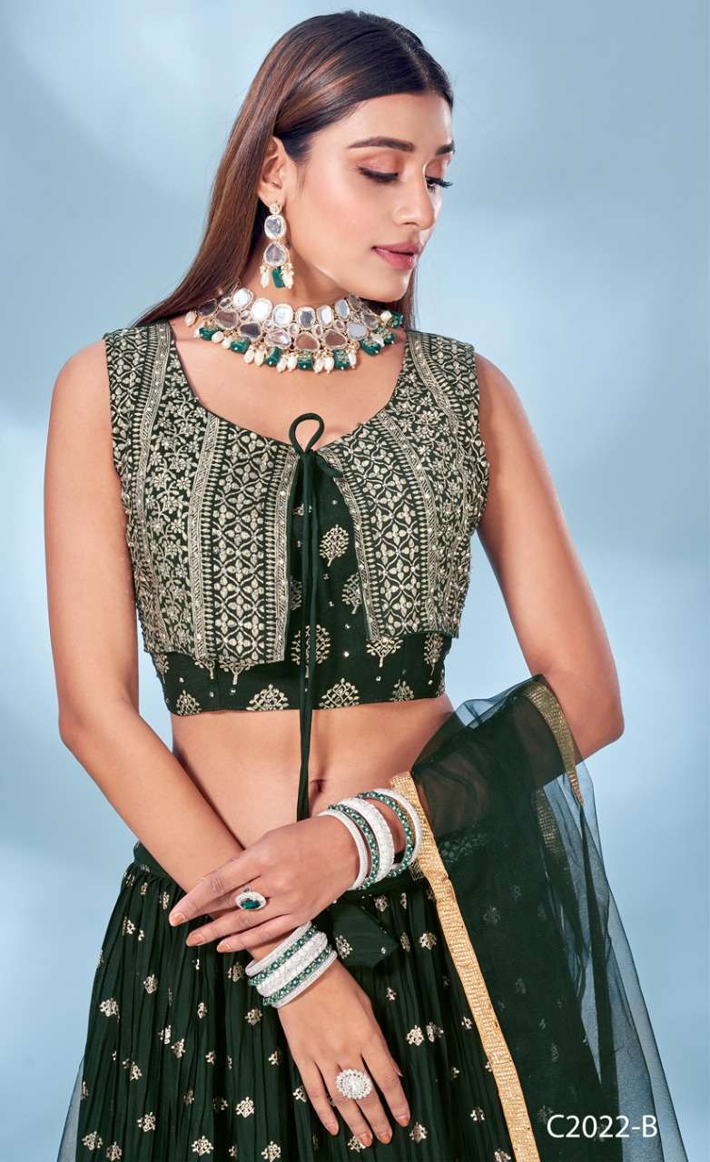 C-2022 COLOURS BY AMOHA TRENDZ FANCY CHINON CRUSH STITCHED LEHENGAS