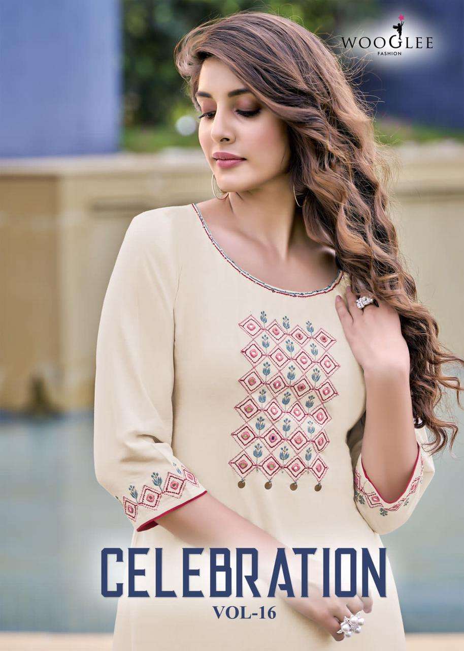 CELEBRATION VOL-16 BY WOOGLEE 1101 TO 1106 SERIES RAYON KURTI & PANTS