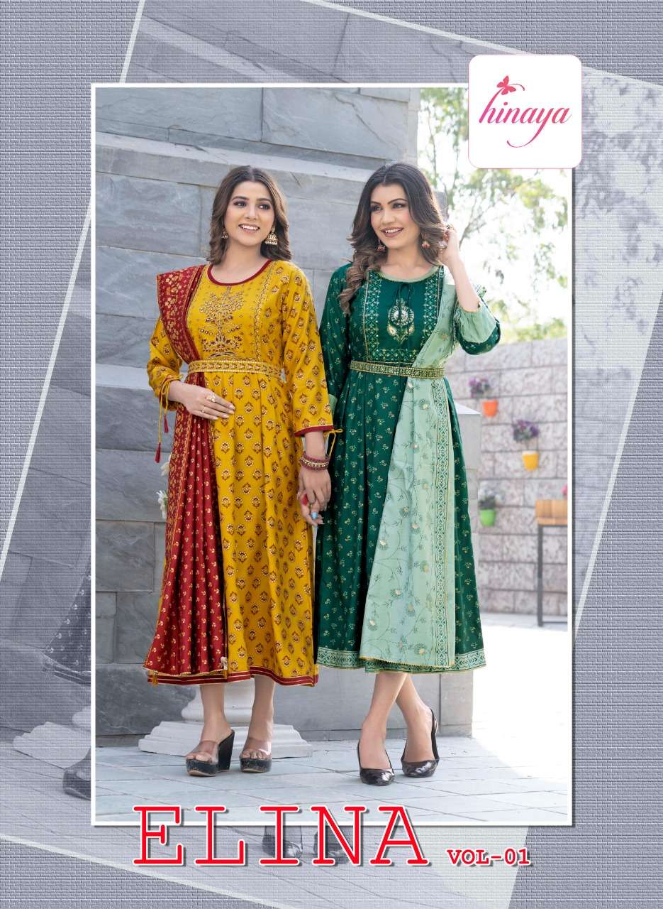 ELINA VOL-1 BY HINAYA 1001 TO 1006 SERIES RAYON WORK KURTI & DUPATTAS