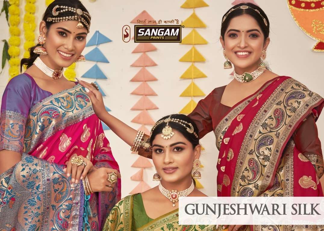 GUNJESHWARI SILK BY SANGAM PRINTS 3473 TO 3478 SERIES BANARASI SILK SAREES