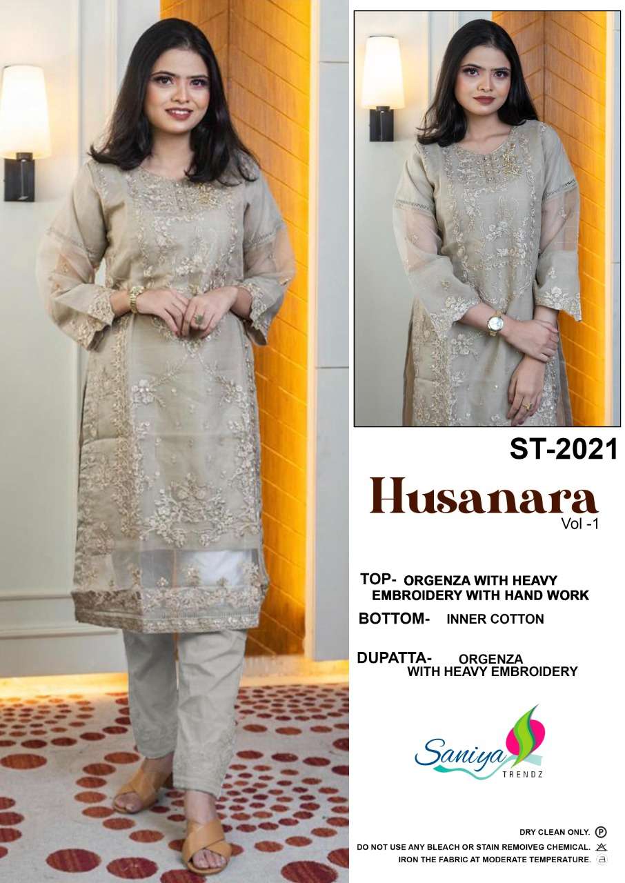 HUSANARA VOL-1 BY SANIYA TRENDZ 2020 TO 2021 SERIES ORGANZA PAKISTANI DRESSES