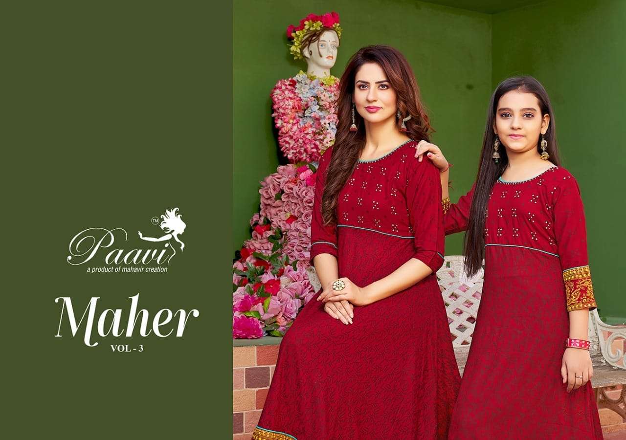 MAHER VOL-3 BY PAAVI 3001 TO 3010 SERIES RAYON HAND WORK KURTIS