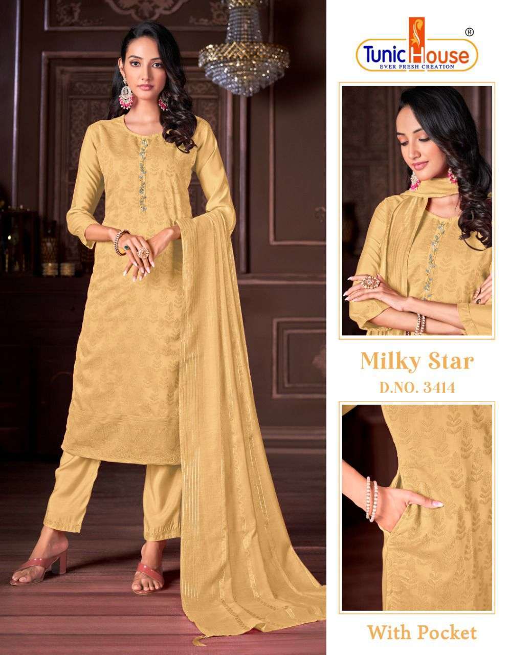 MILKY STAR BY TUNIC HOUSE 3401 TO 3414 SERIES SILK WORK STITCHED DRESSES