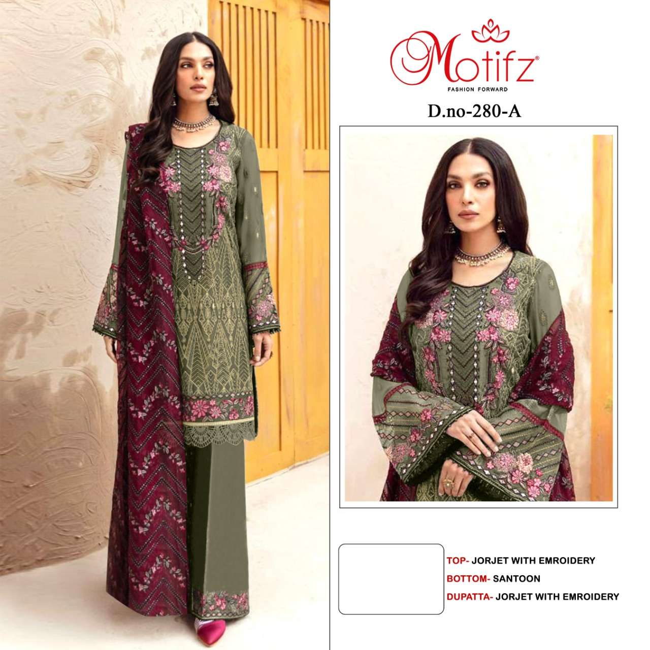MOTIFZ 280 COLOURS BY MOTIFZ 280-A TO 280-D SERIES GEORGETTE EMBROIDERY DRESSES