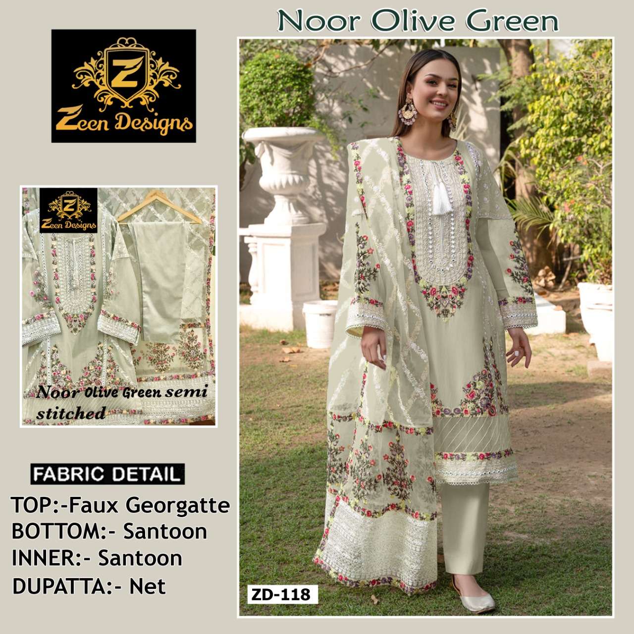 NOOR OLIVE ZD-118 BY ZEEN DESIGNS FAUX GEORGETTE PAKISTANI DRESS