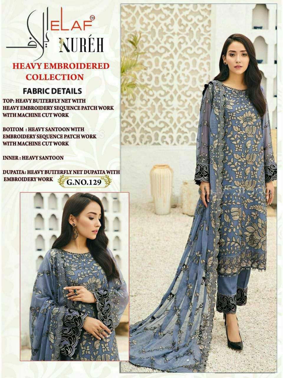 NUREH G-129 BY ELAF BUTTERFLY NET EMBROIDERY PAKISTANI DRESS