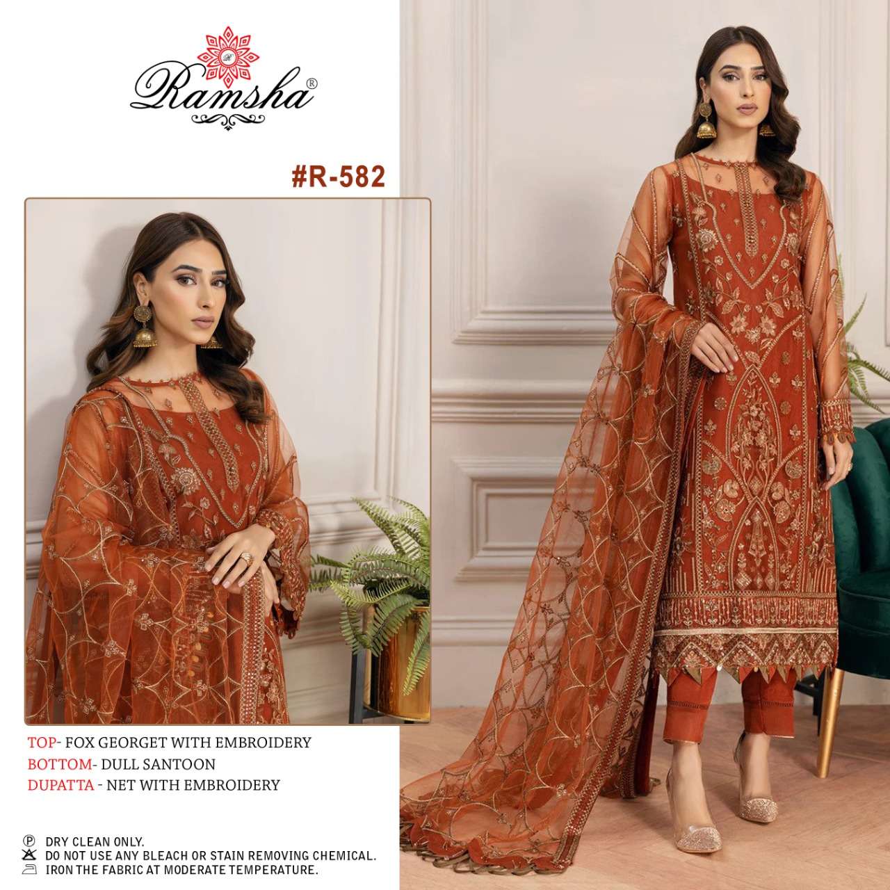 R-582 HIT DESIGN BY RAMSHA GEORGETTE EMBROIDERY PAKISTANI DRESS