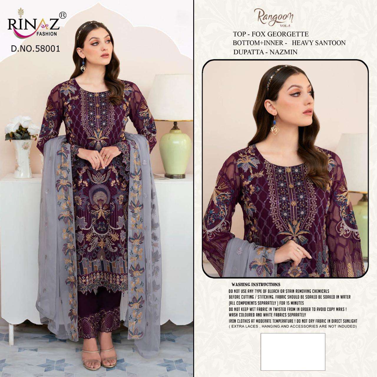 RANGOON VOL-5 BY RINAZ FASHION 58001 TO 58003 SERIES GEORGETTE EMBROIDERY DRESSES